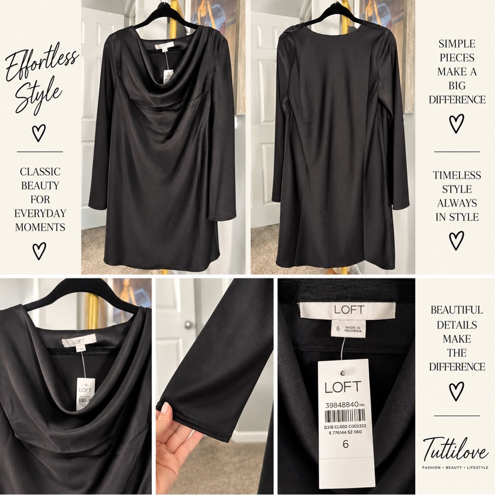 LOFT Women's Black Draped Neck Long-Sleeve Sweater Dress